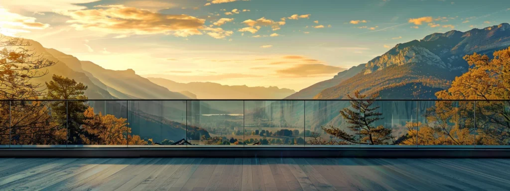 a modern, sleek glass deck railing overlooking a stunning mountain view.