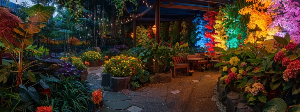 vibrant garden blooms in a rainbow of colors with lush greenery and a cozy seating area.