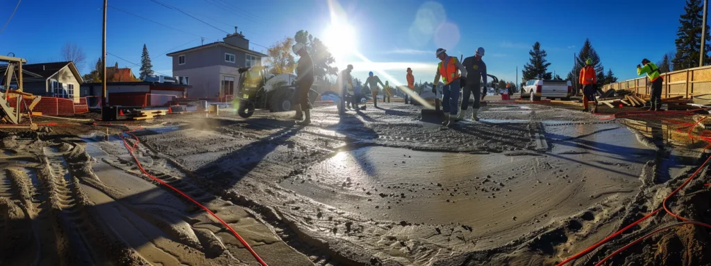 a group of contractors pouring and smoothing out a fresh concrete driveway under the bright sun.