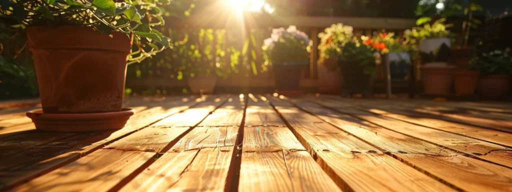 a gleaming, freshly scrubbed wooden deck basking in the sunlight, ready for summer gatherings.