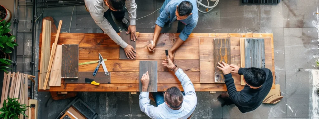 a group of deck builders carefully comparing the texture and durability of different wood samples.