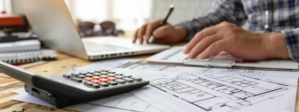 a person sitting at a desk with a laptop, calculator, and blueprints spread out, calculating deck building costs.