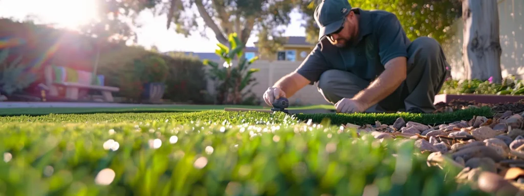 a skilled landscaping contractor carefully measuring and leveling green artificial turf in a backyard.