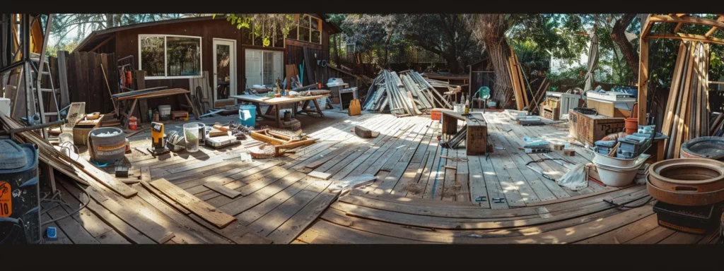 a rustic wooden deck under construction, surrounded by a variety of tools and materials, showcasing affordability and local craftsmanship.