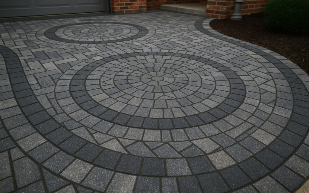 A close-up photo of a paver driveway with intricate patterns, enhancing the curb appeal of a residential property