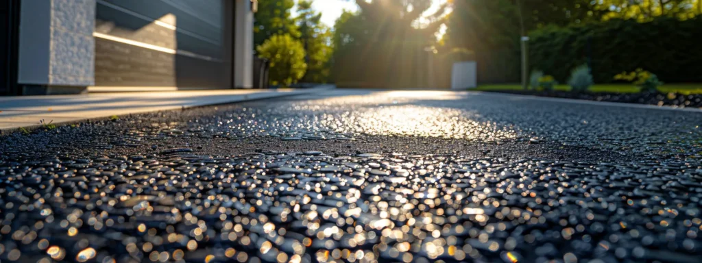 A driveway paved with sleek, glossy asphalt glistening under the sun, showcasing its durability and curb appeal