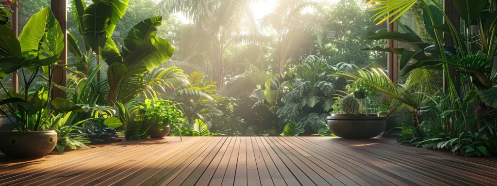 a modern, stylish outdoor deck made from reclaimed wood surrounded by lush green plants, showcasing eco-friendly decking options for sustainable homes.