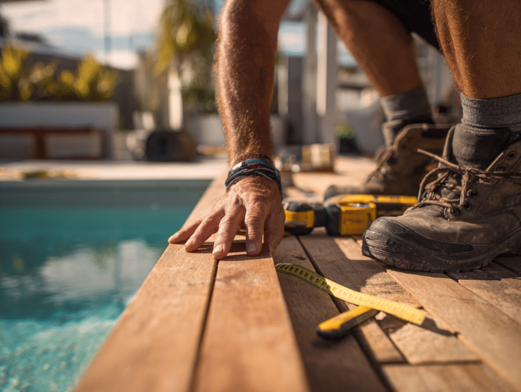 Close-up of a Melbourne carpenter working on a poolside deck installation, measuring and securing hardwood decking boards beside the pool, with tools and work boots visible on the deck.