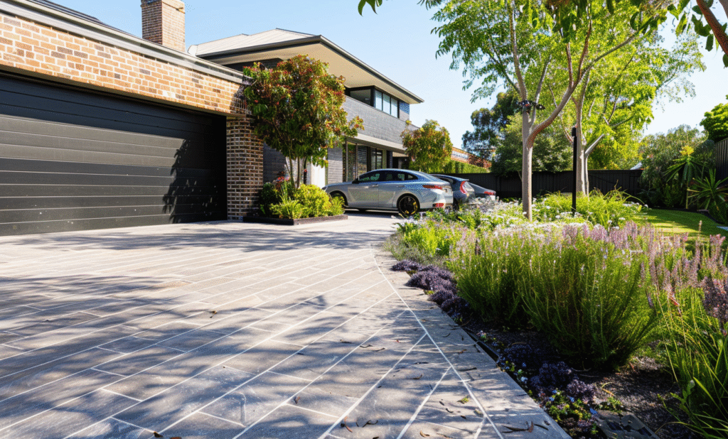 A completed Melbourne driveway paved in sleek grey stone tiles, leading to a modern brick veneer home with a black garage door, landscaped garden beds with native plants and flowers on the side, parked cars visible, natural afternoon light and clean finish.