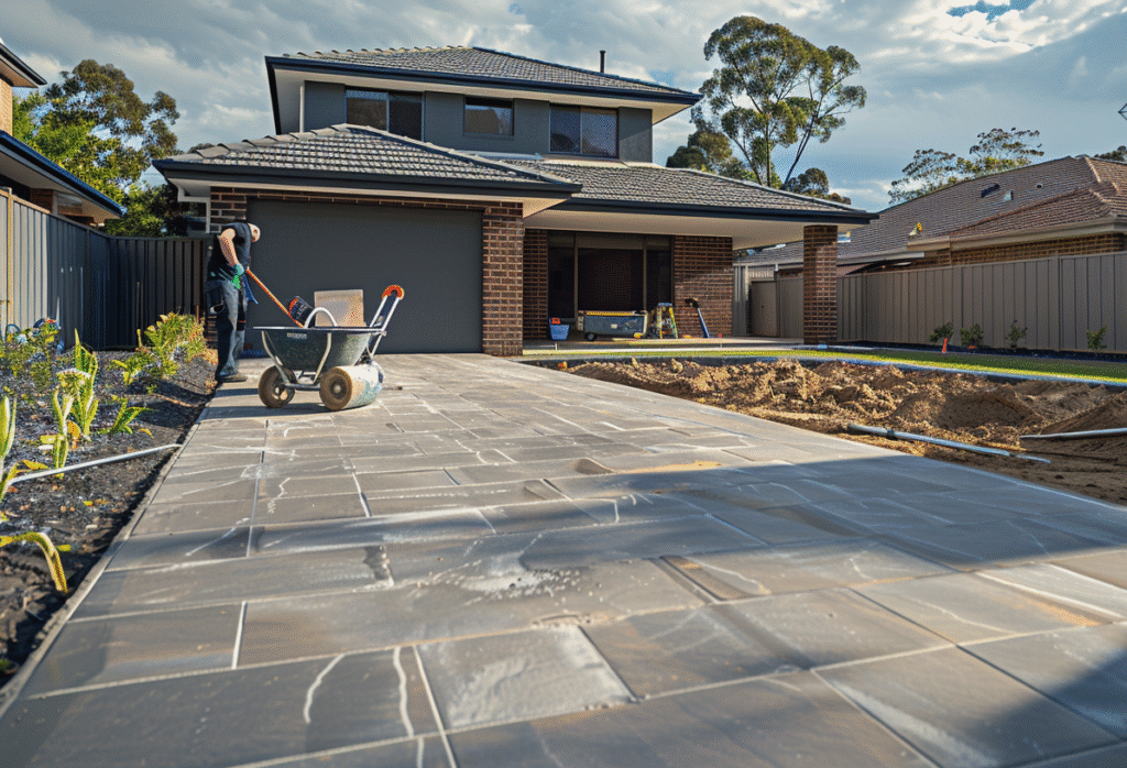A Melbourne tradesperson working on a new residential driveway, laying large grey concrete pavers in front of a modern brick veneer home with Colorbond fencing, wheelbarrow and tools nearby, realistic afternoon lighting with natural imperfections.