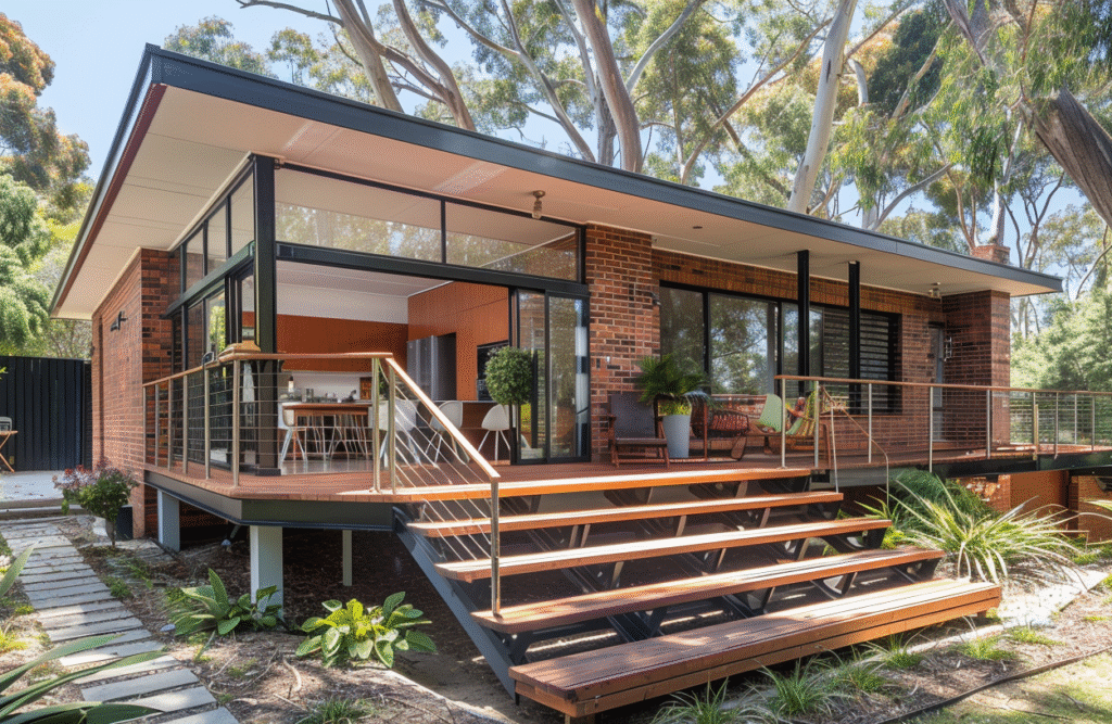 A suburban Melbourne brick veneer home featuring a modern elevated timber deck with oiled hardwood boards, stainless steel balustrades, and stairs leading to the backyard, surrounded by native gum trees.