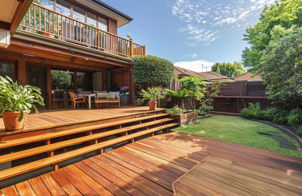 Finished elevated timber deck attached to a two-storey Melbourne brick veneer home, polished hardwood boards with wide steps leading to a landscaped backyard, furnished with outdoor seating and potted plants.