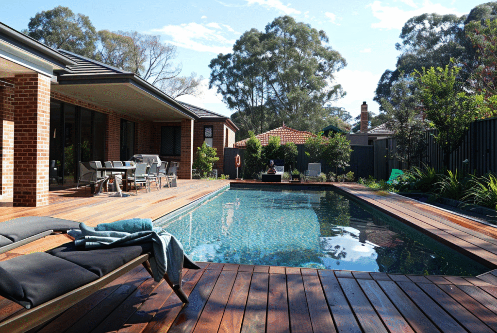 A finished Melbourne pool deck featuring freshly oiled timber boards beside a sparkling pool, outdoor lounge chairs and dining area set up, with a modern brick home and simple garden in the background.