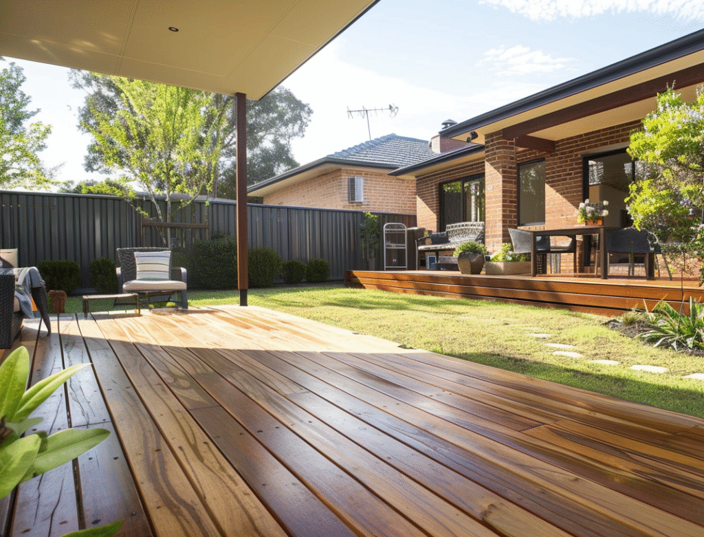 A freshly repaired timber deck in a Melbourne suburban backyard, clean and oiled timber boards with outdoor furniture, beside a modern brick veneer home and Colorbond fencing.