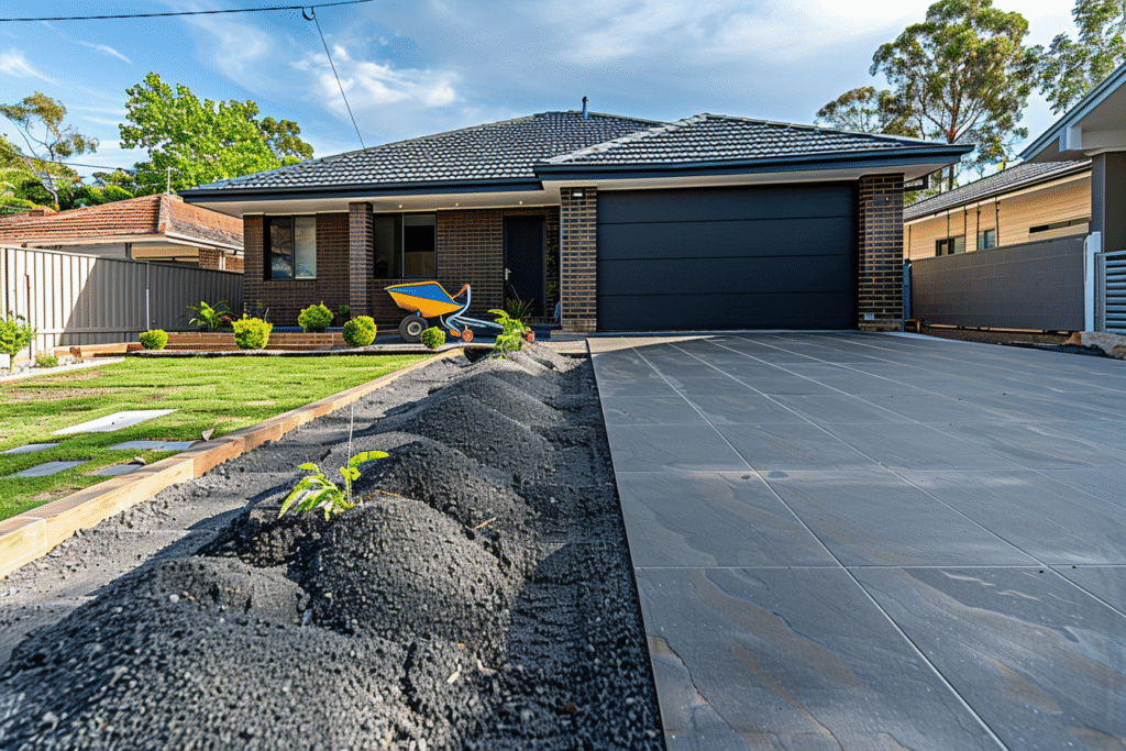 An in-progress Melbourne driveway paving project at a brick veneer suburban home, large grey concrete pavers neatly laid, compacted base visible on the side, wheelbarrow and tools in the background, Colorbond fencing and neat lawn alongside, realistic DSLR detail with natural shadows.
