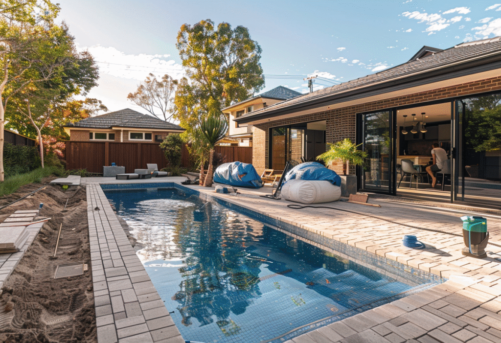 Melbourne tradesperson installing large stone pavers around a backyard pool with compacted sand base and tools on site.