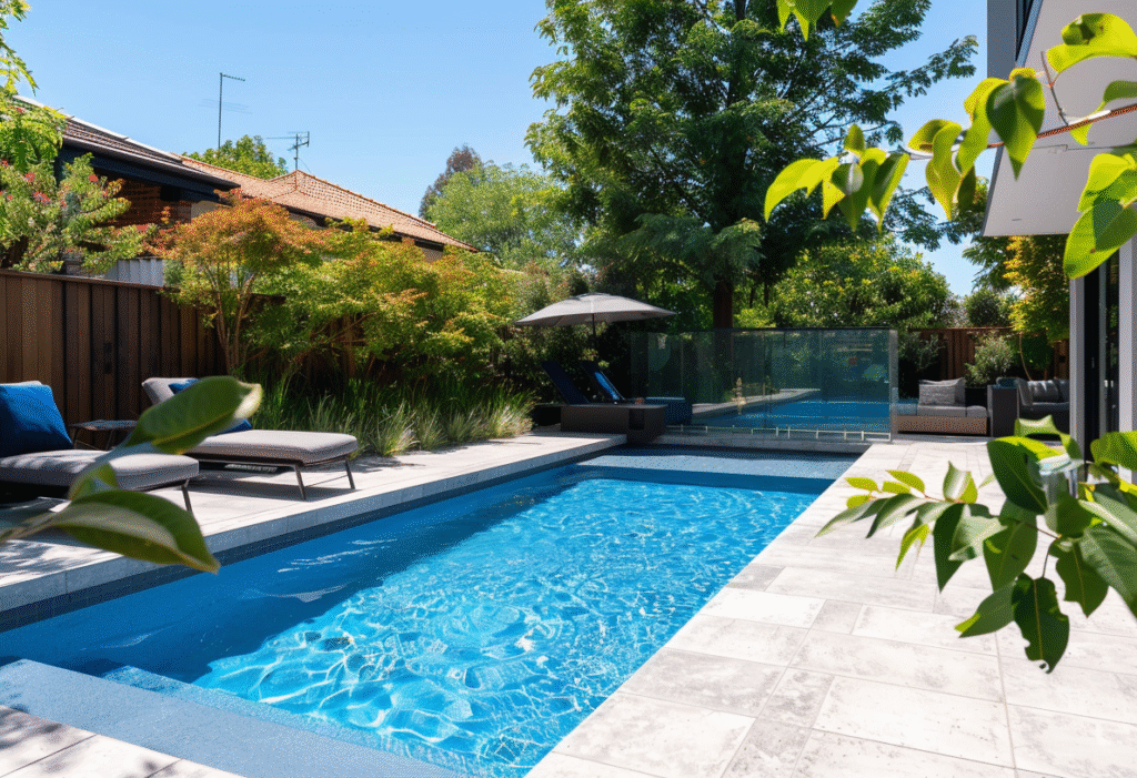 Completed Melbourne pool area with modern slip-resistant pavers, outdoor lounge chairs, and landscaped garden.
