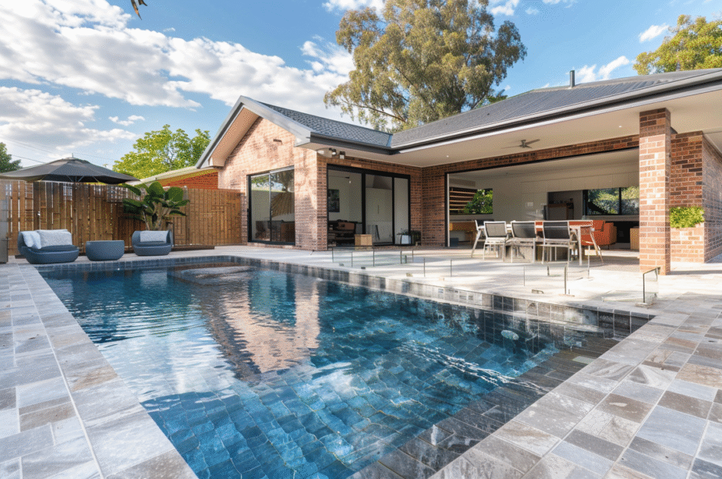 Backyard swimming pool in Melbourne with slip-resistant stone pavers in grey and beige tones, modern brick home in background.