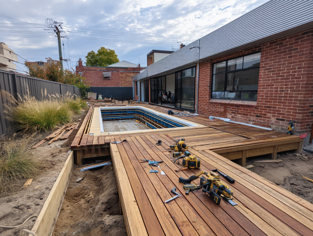 In-progress pool deck build in a Melbourne backyard, with half the timber decking complete and the other half showing joists and framework, tools and screws scattered on the surface beside a modern brick house.