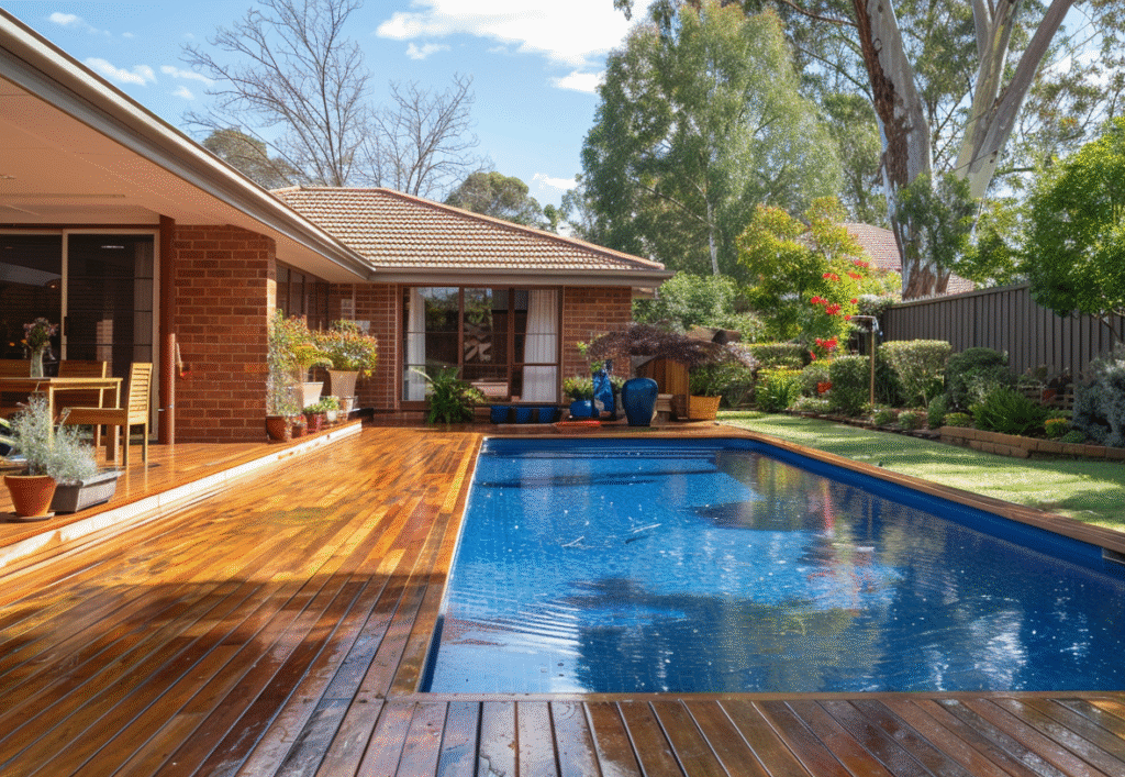 A suburban Melbourne backyard featuring a modern swimming pool surrounded by a freshly built timber deck with golden oiled boards, beside a brick veneer home with Colorbond fencing and native plants.