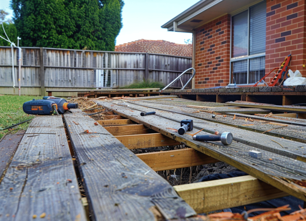 Timber deck under repair at a Melbourne brick house, old grey boards partially removed to expose joists, with tools scattered across the surface during the repair process.