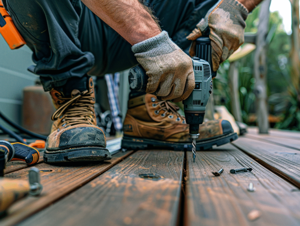 Close-up of a carpenter repairing a timber deck in Melbourne, using a drill to tighten loose boards, with work boots and tools visible on the deck surface.
