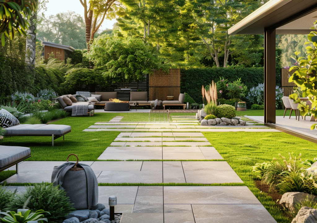 Finished Melbourne backyard patio featuring elegant stone pavers, outdoor lounge chairs, potted plants, and a small barbecue area, surrounded by a lush green lawn and landscaped garden in warm afternoon light.