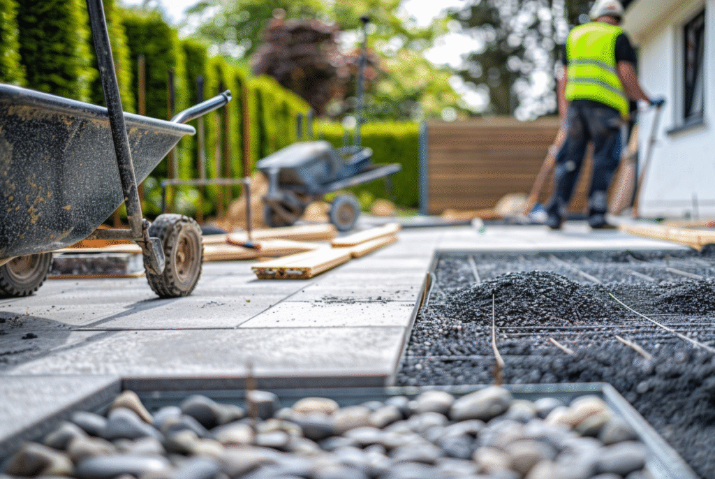 Close-to-medium view of a Melbourne patio under construction with modern stone and concrete pavers, compacted gravel base, wheelbarrow and tools nearby, and a tradesperson in hi-vis working in the background.