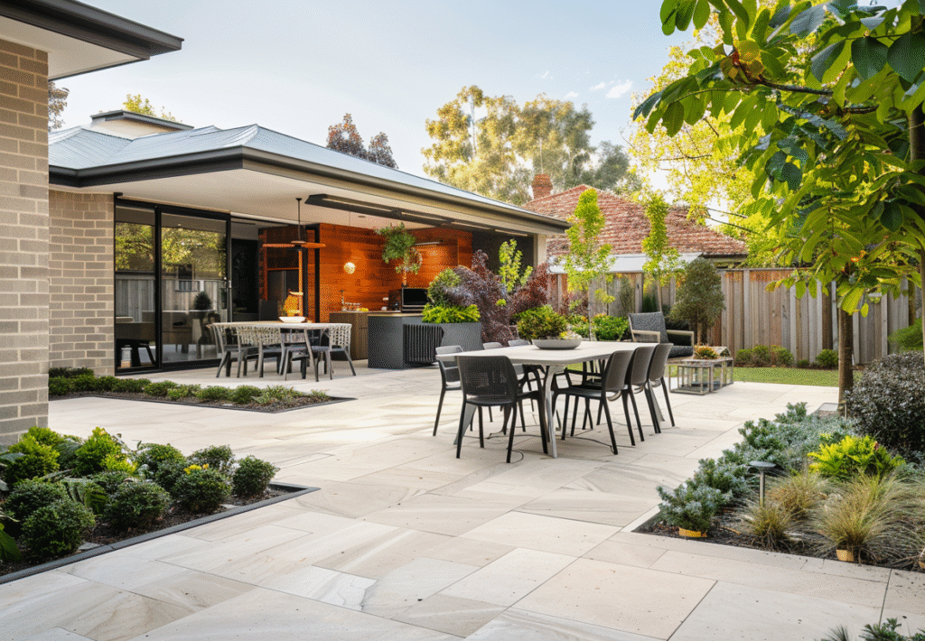 Modern Melbourne suburban backyard with a paved patio in natural stone tiles, outdoor dining furniture, lush garden beds, and a contemporary brick veneer home in the background.