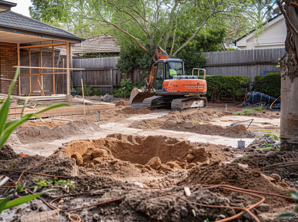 Excavation and site preparation in a Rowville backyard with a small excavator moving soil, timber framing outlines for paving, compacted gravel base visible, suburban Melbourne home in background.Excavation and site preparation in a Rowville backyard with a small excavator moving soil, timber framing outlines for paving, compacted gravel base visible, suburban Melbourne home in background.