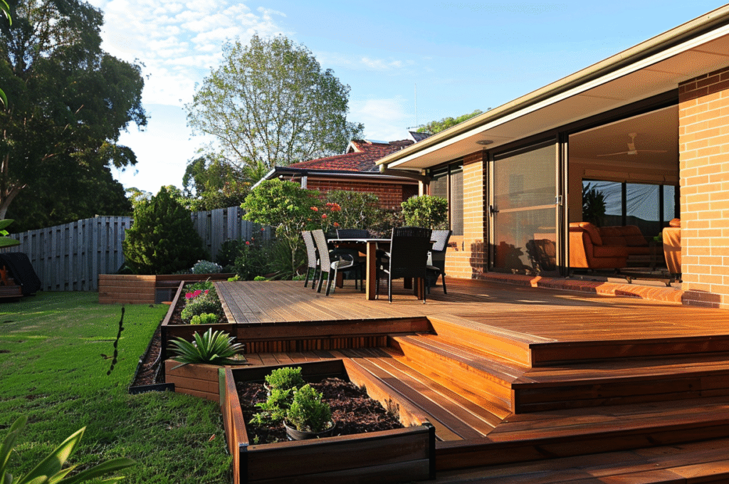 Newly built elevated timber deck in a Rowville backyard, featuring outdoor dining furniture, landscaped garden beds, and a lush green lawn beside a modern brick veneer home.