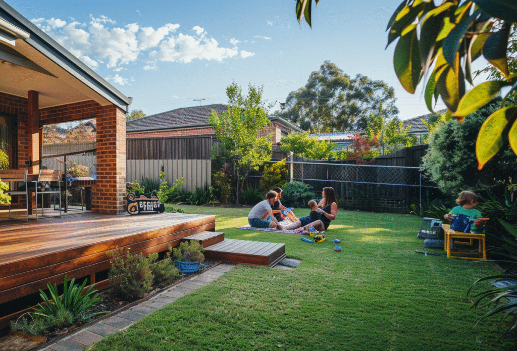 Rowville family enjoying their landscaped backyard with a timber deck, paved patio, lush garden beds, and children playing on the grass in a relaxed suburban setting.