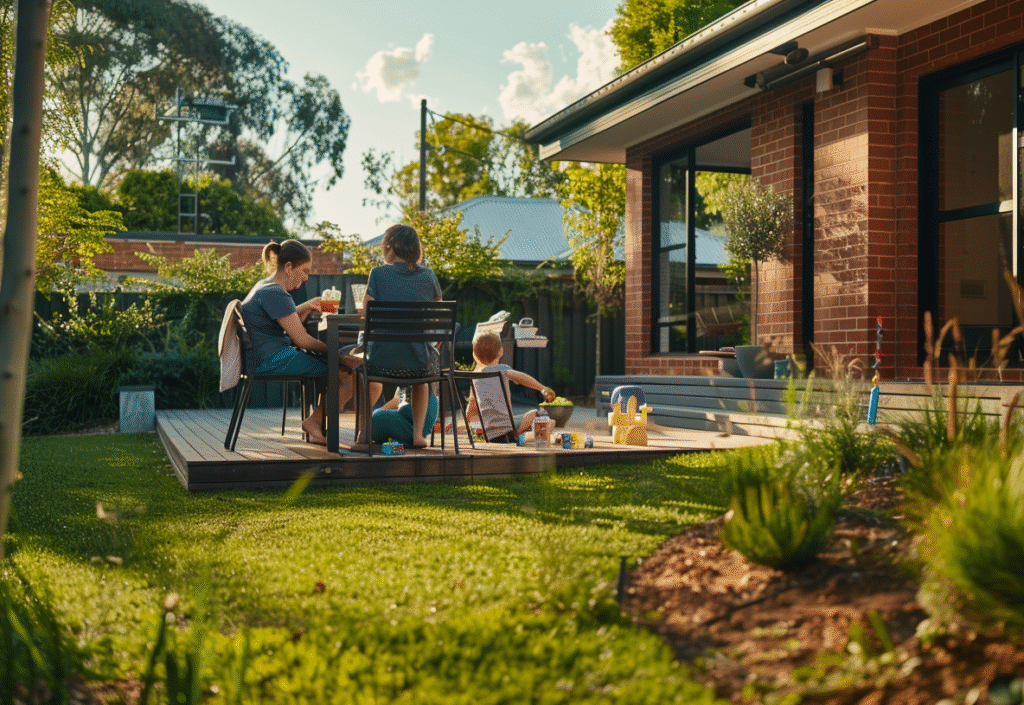 Rowville family relaxing in their landscaped backyard with a deck and paved patio, children playing on the lawn while parents sit outdoors, modern suburban home and garden beds in the background.