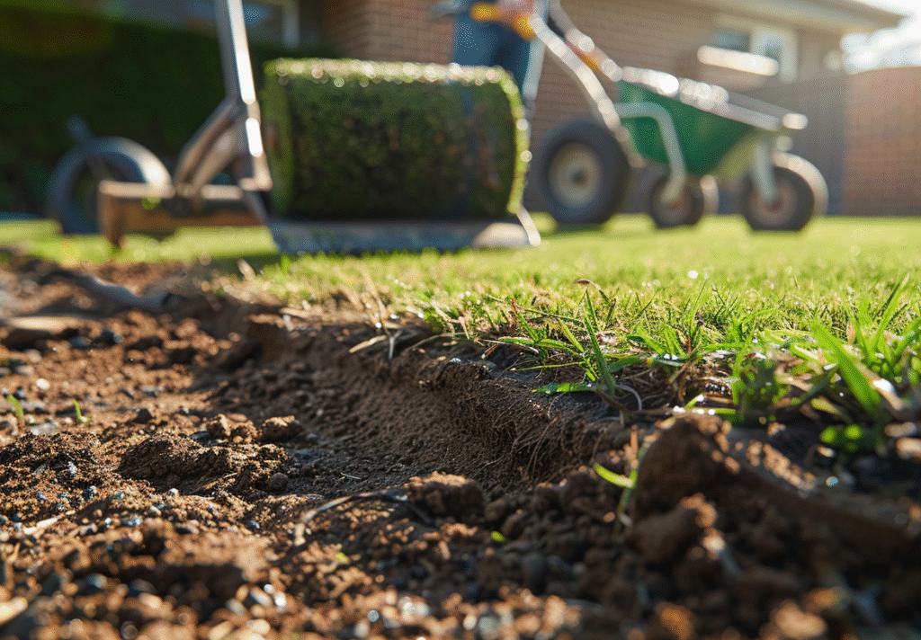 Landscaper laying new turf in a Rowville backyard with fresh grass being rolled out, wheelbarrow and tools nearby, suburban Melbourne home in the background.