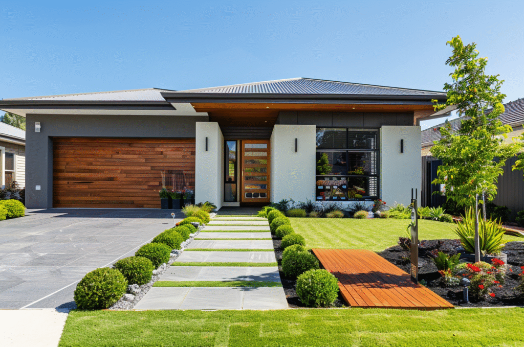 Freshly laid turf in the front yard of a modern Rowville home with a paved driveway and garden beds, showing natural imperfections for an authentic landscaped finish.
