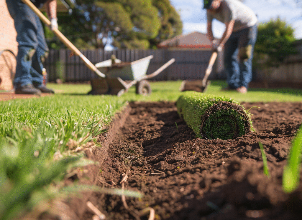 Rowville landscapers laying fresh turf in a suburban Melbourne backyard, with soil preparation, wheelbarrow, and tools visible, creating a natural and realistic new lawn installation.