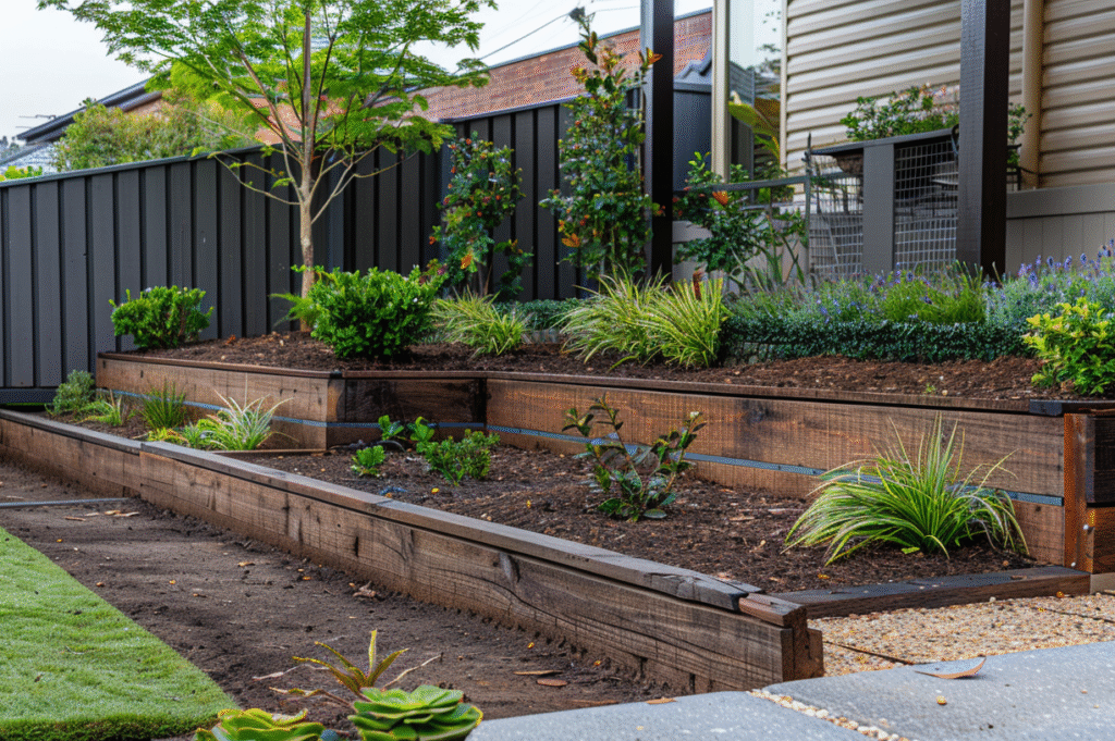 Timber sleeper retaining wall in a Rowville backyard with raised garden beds, native plants, and modern fencing in the background.